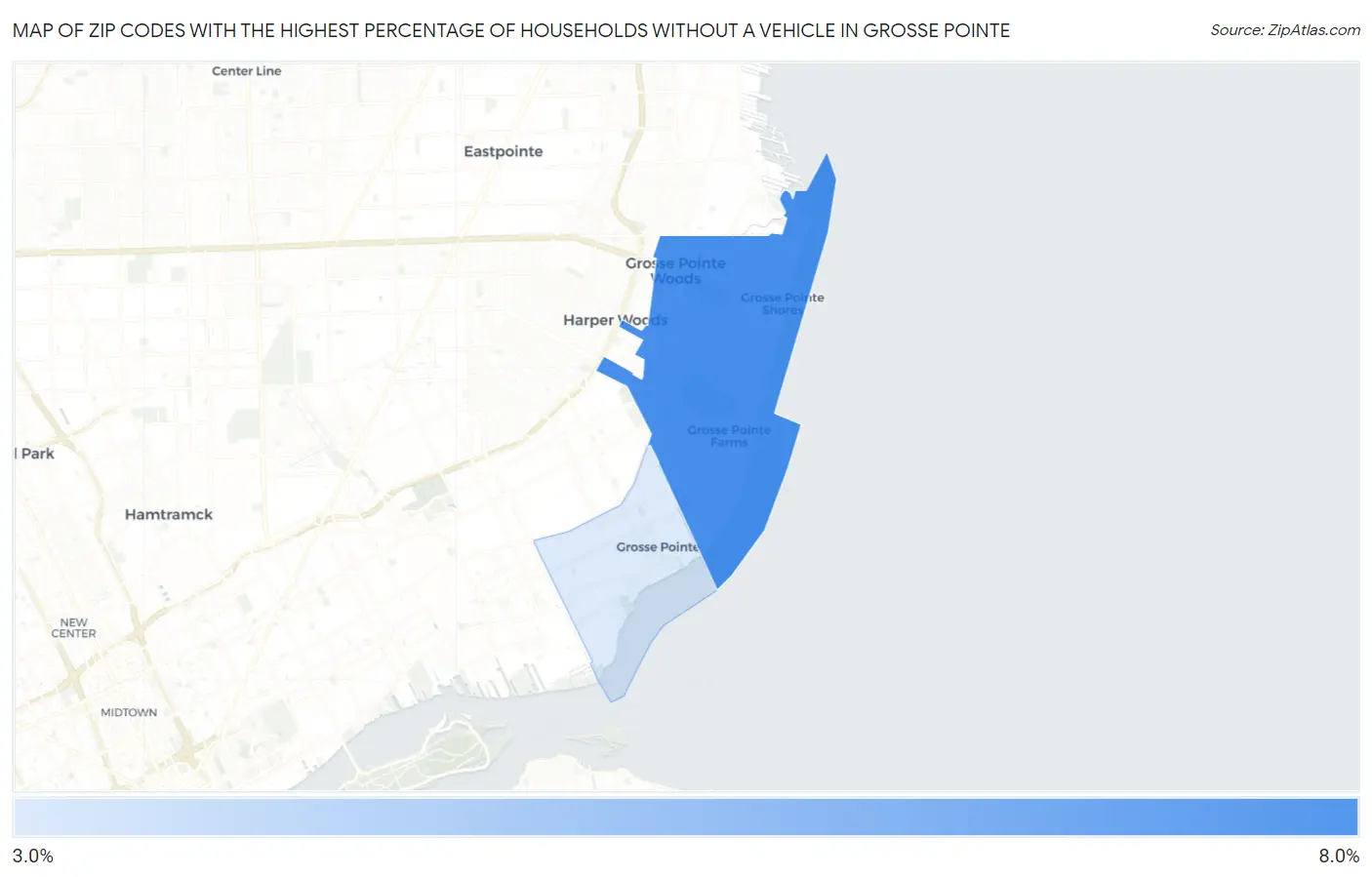 Zip Codes with the Highest Percentage of Households Without a Vehicle in Grosse Pointe Map