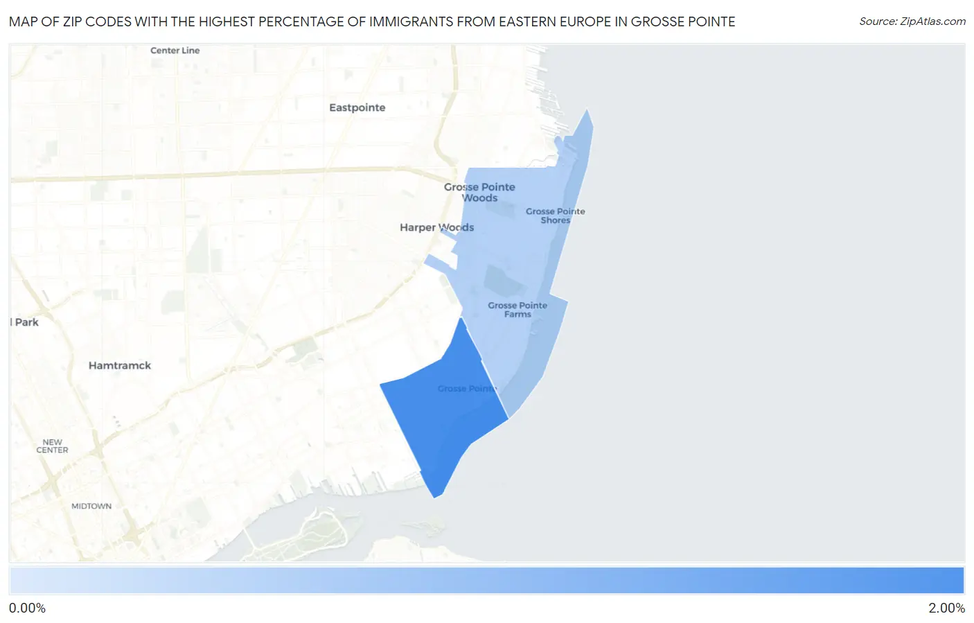 Zip Codes with the Highest Percentage of Immigrants from Eastern Europe in Grosse Pointe Map