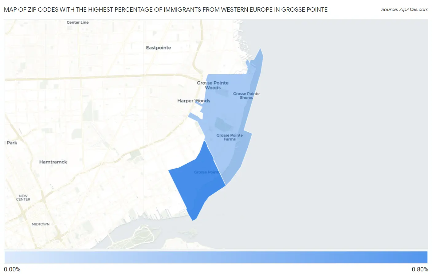 Zip Codes with the Highest Percentage of Immigrants from Western Europe in Grosse Pointe Map