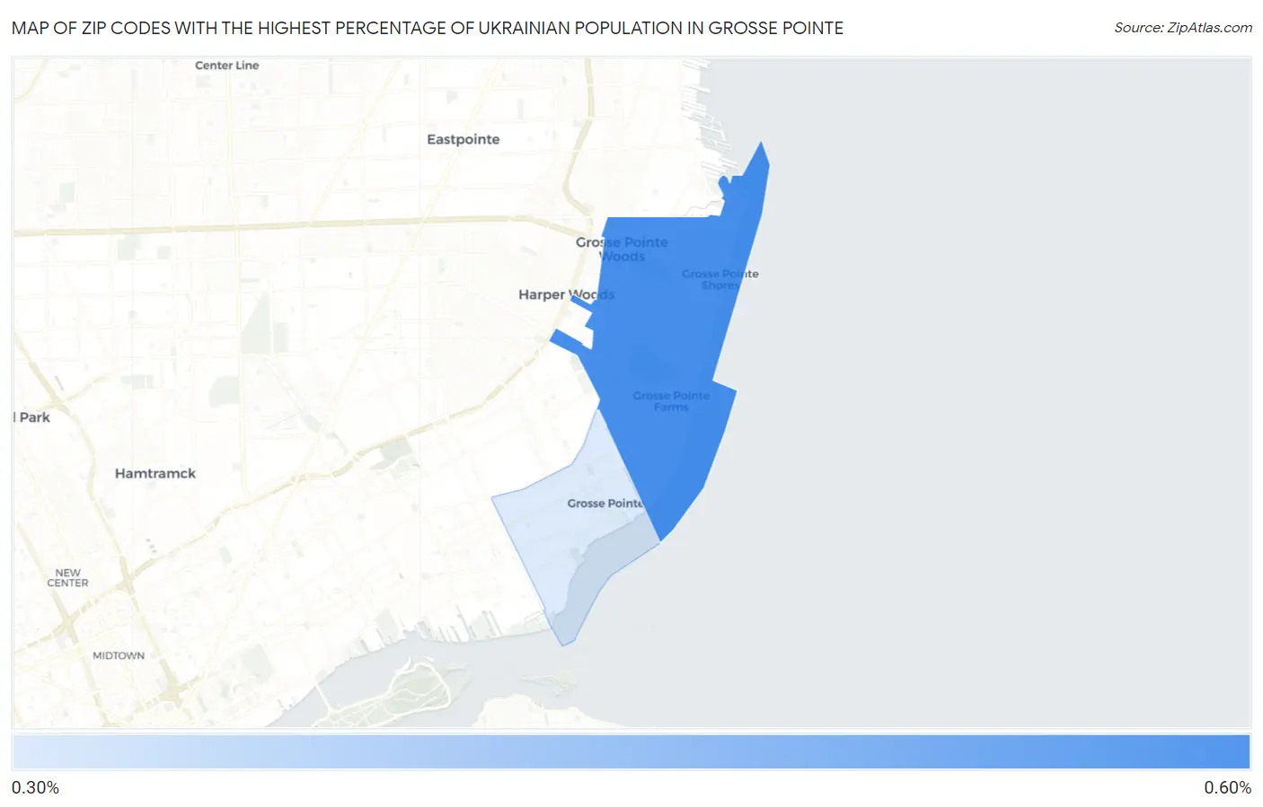 Zip Codes with the Highest Percentage of Ukrainian Population in Grosse Pointe Map