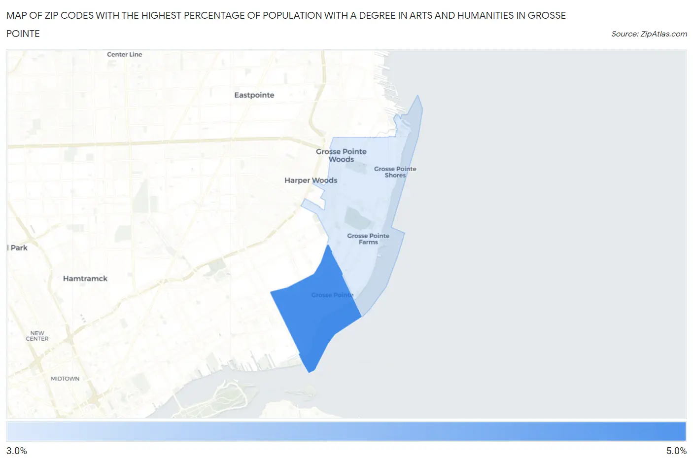 Zip Codes with the Highest Percentage of Population with a Degree in Arts and Humanities in Grosse Pointe Map