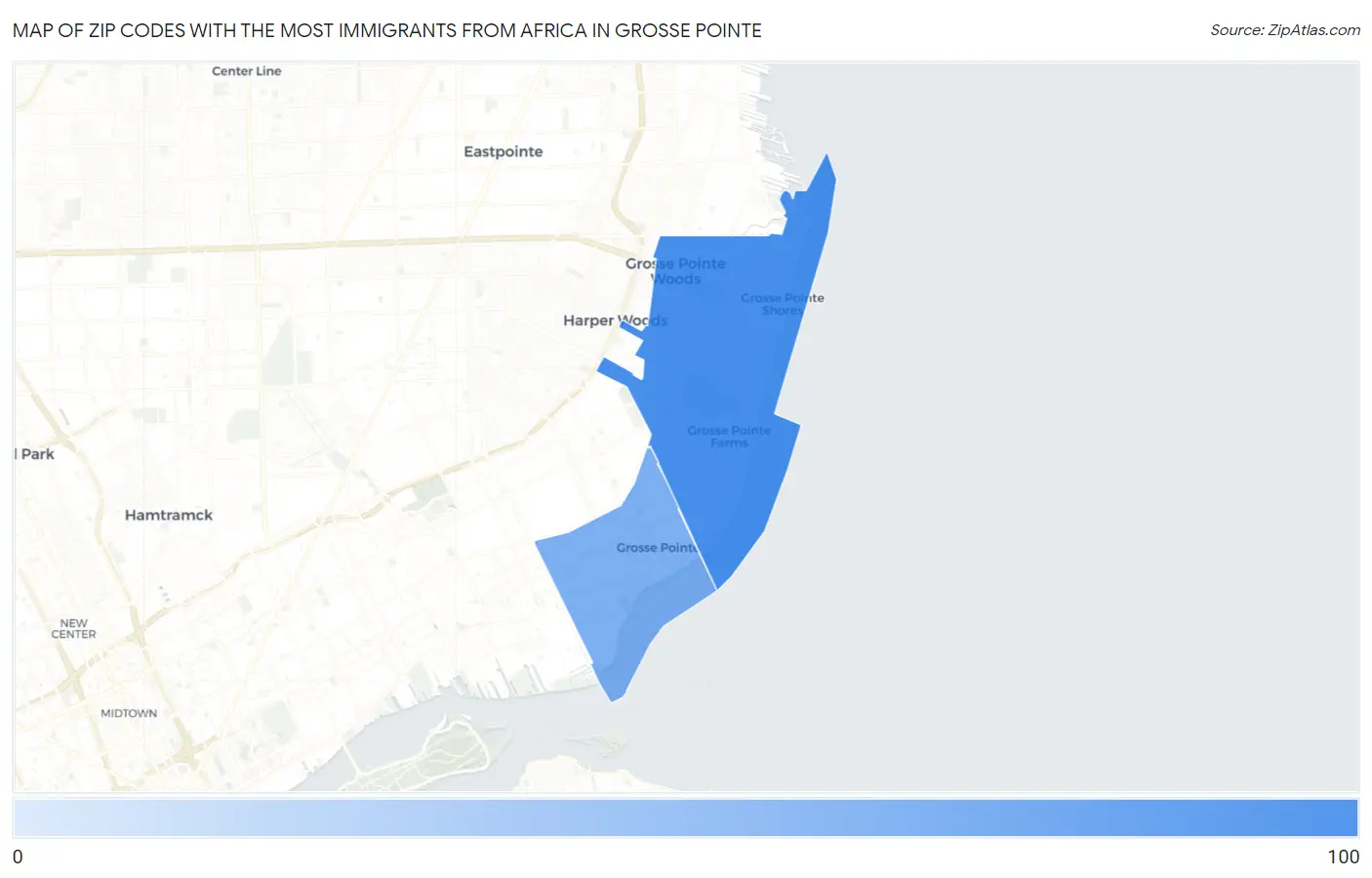 Zip Codes with the Most Immigrants from Africa in Grosse Pointe Map
