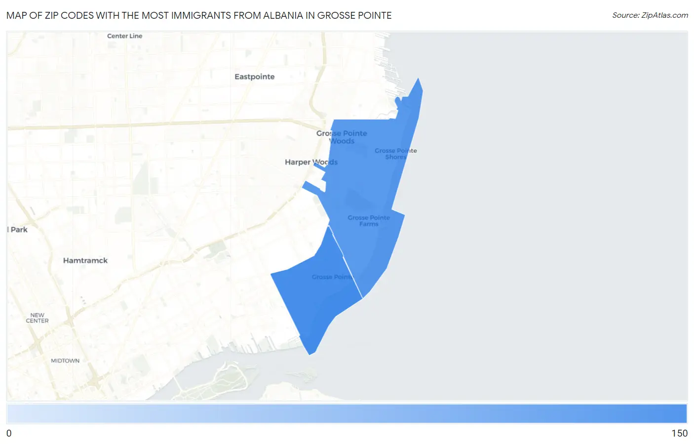 Zip Codes with the Most Immigrants from Albania in Grosse Pointe Map