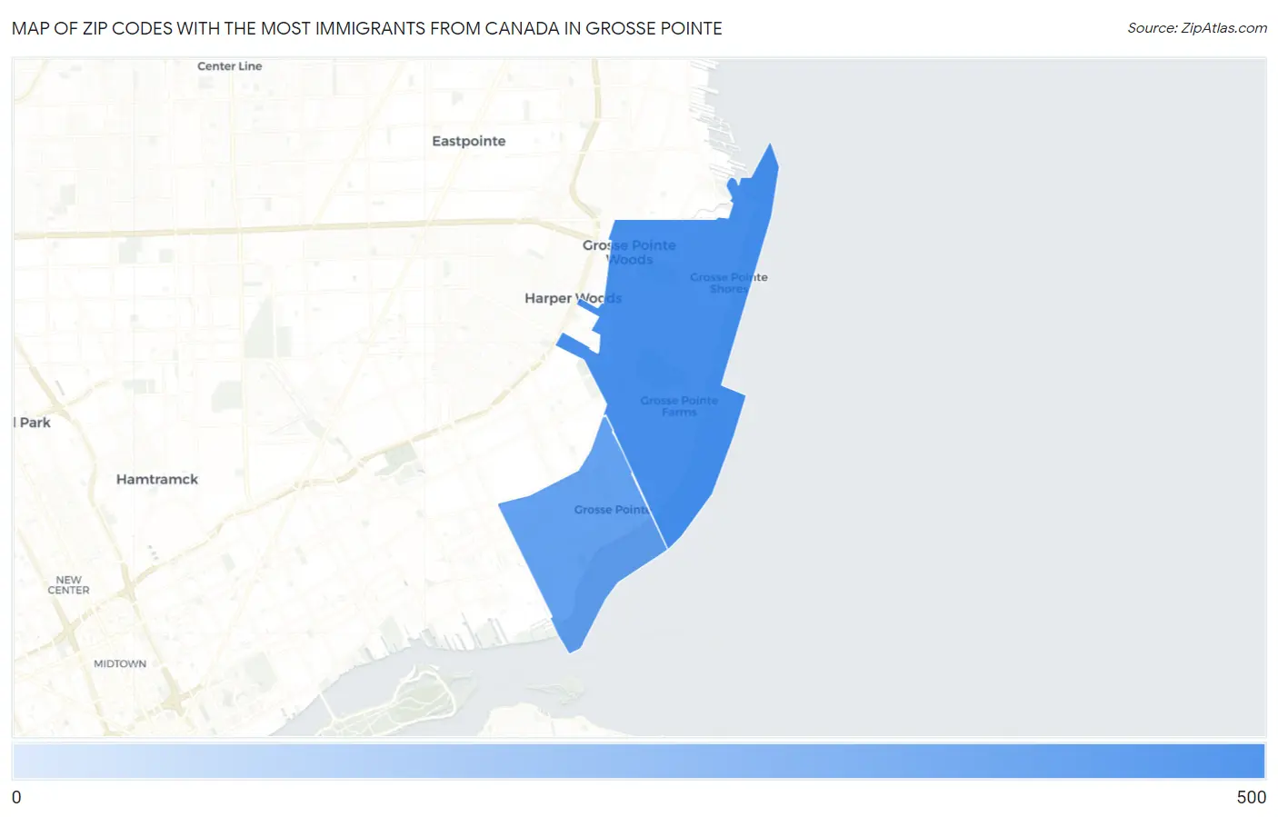Zip Codes with the Most Immigrants from Canada in Grosse Pointe Map