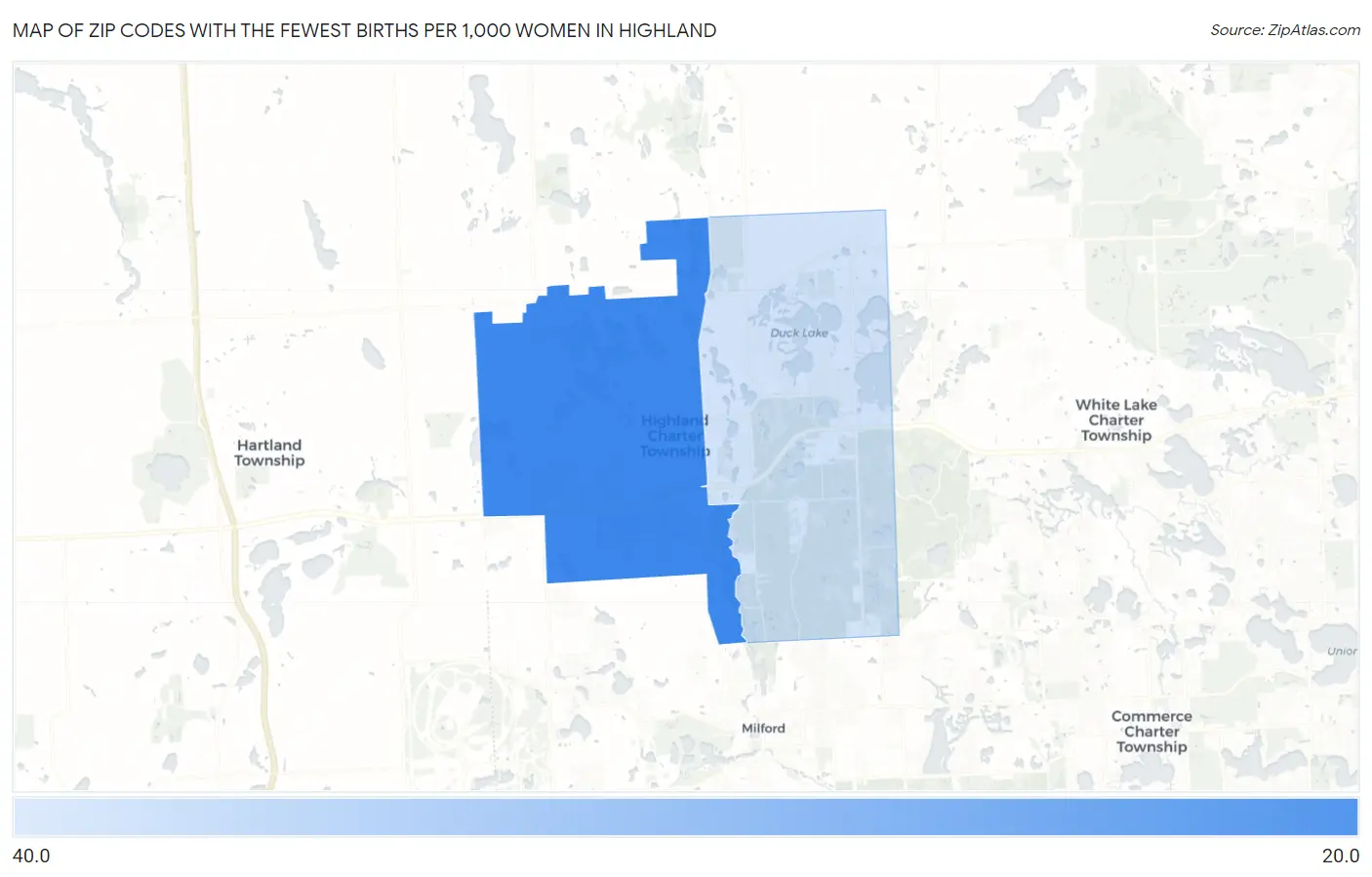 Zip Codes with the Fewest Births per 1,000 Women in Highland Map