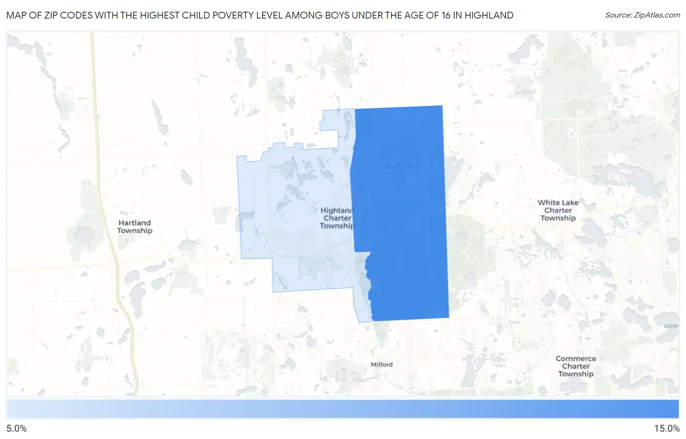 Zip Codes with the Highest Child Poverty Level Among Boys Under the Age of 16 in Highland Map