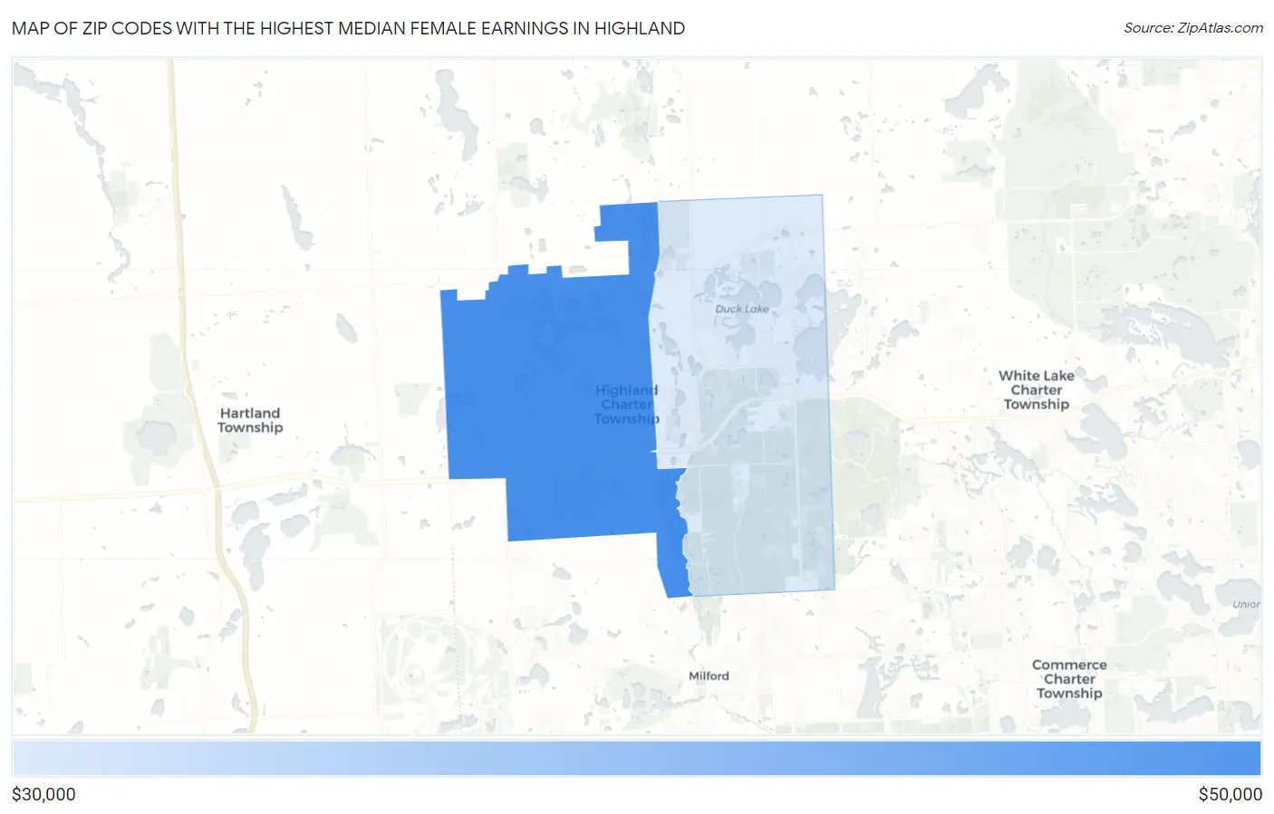 Zip Codes with the Highest Median Female Earnings in Highland Map