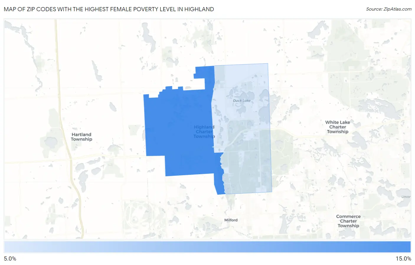 Zip Codes with the Highest Female Poverty Level in Highland Map