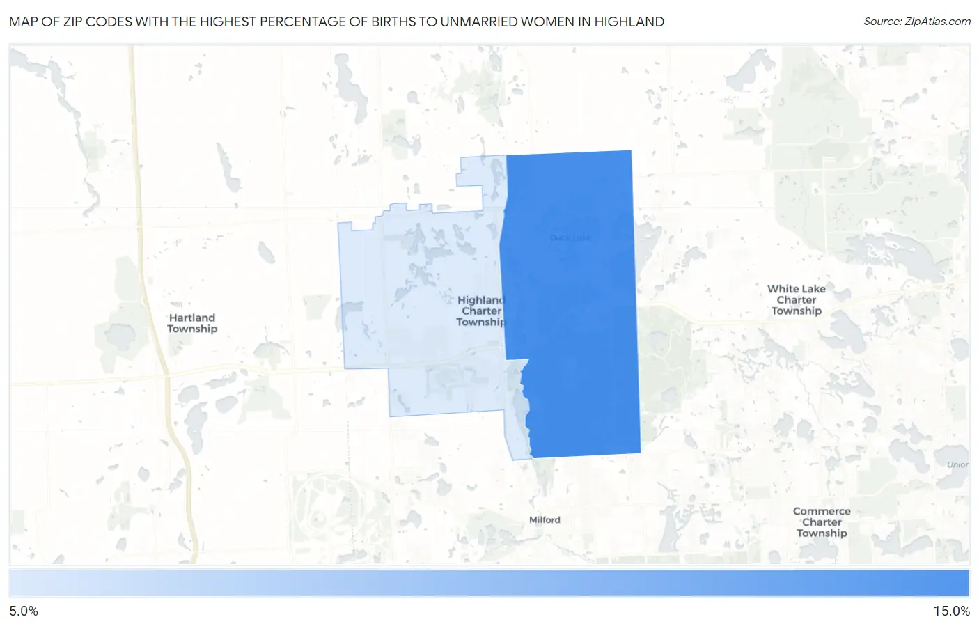Zip Codes with the Highest Percentage of Births to Unmarried Women in Highland Map