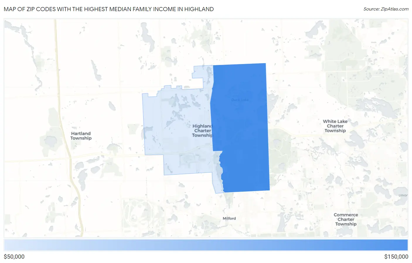Zip Codes with the Highest Median Family Income in Highland Map