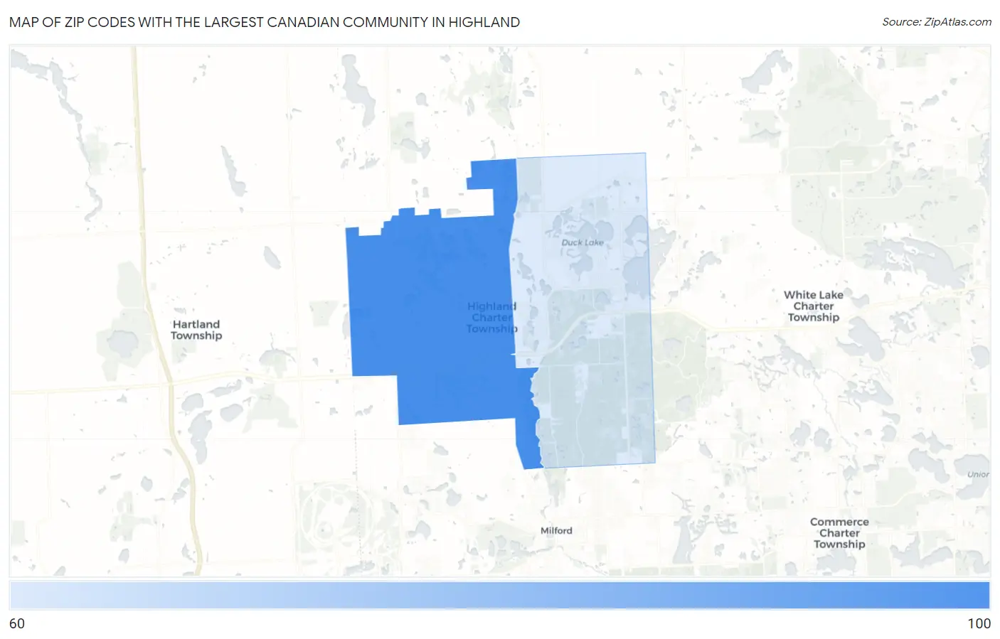 Zip Codes with the Largest Canadian Community in Highland Map
