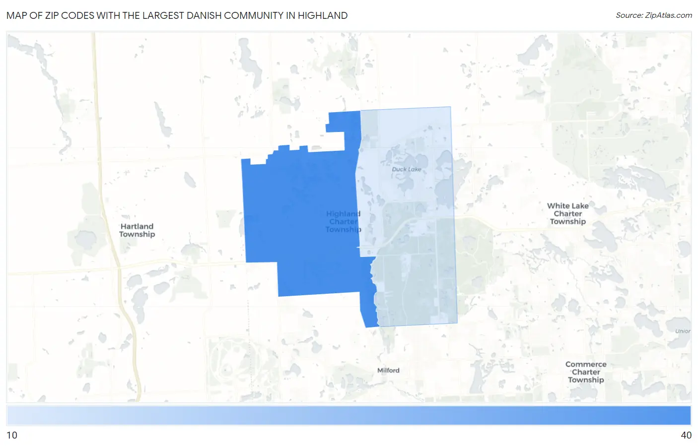 Zip Codes with the Largest Danish Community in Highland Map