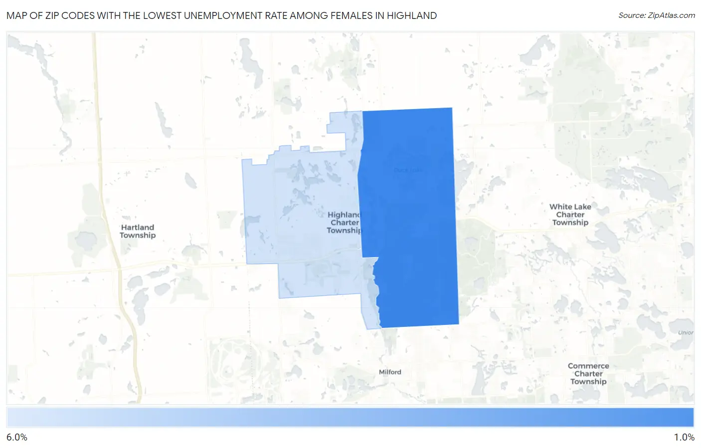 Zip Codes with the Lowest Unemployment Rate Among Females in Highland Map