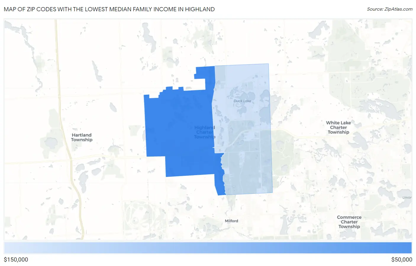 Zip Codes with the Lowest Median Family Income in Highland Map