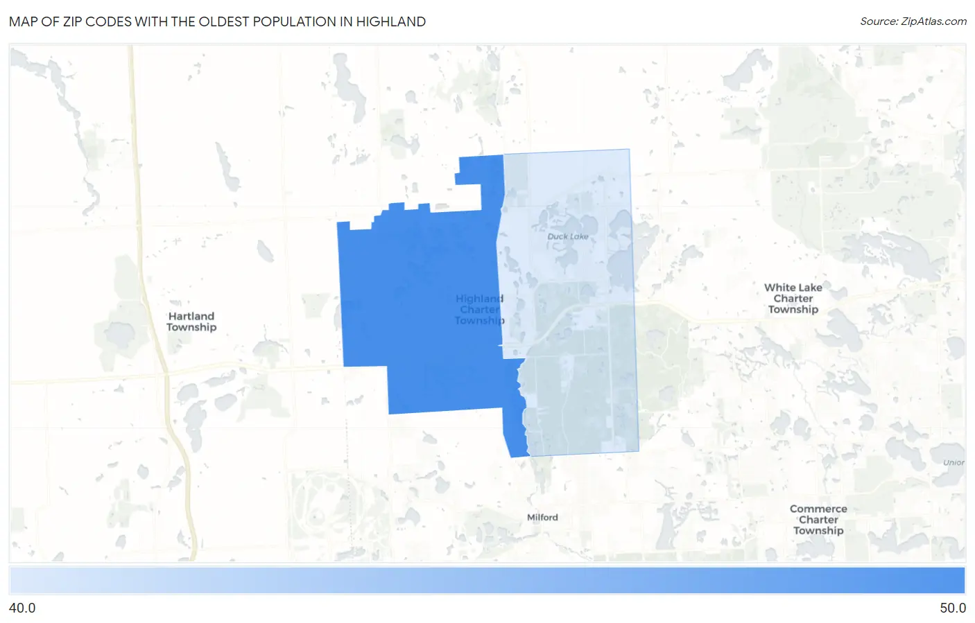 Zip Codes with the Oldest Population in Highland Map