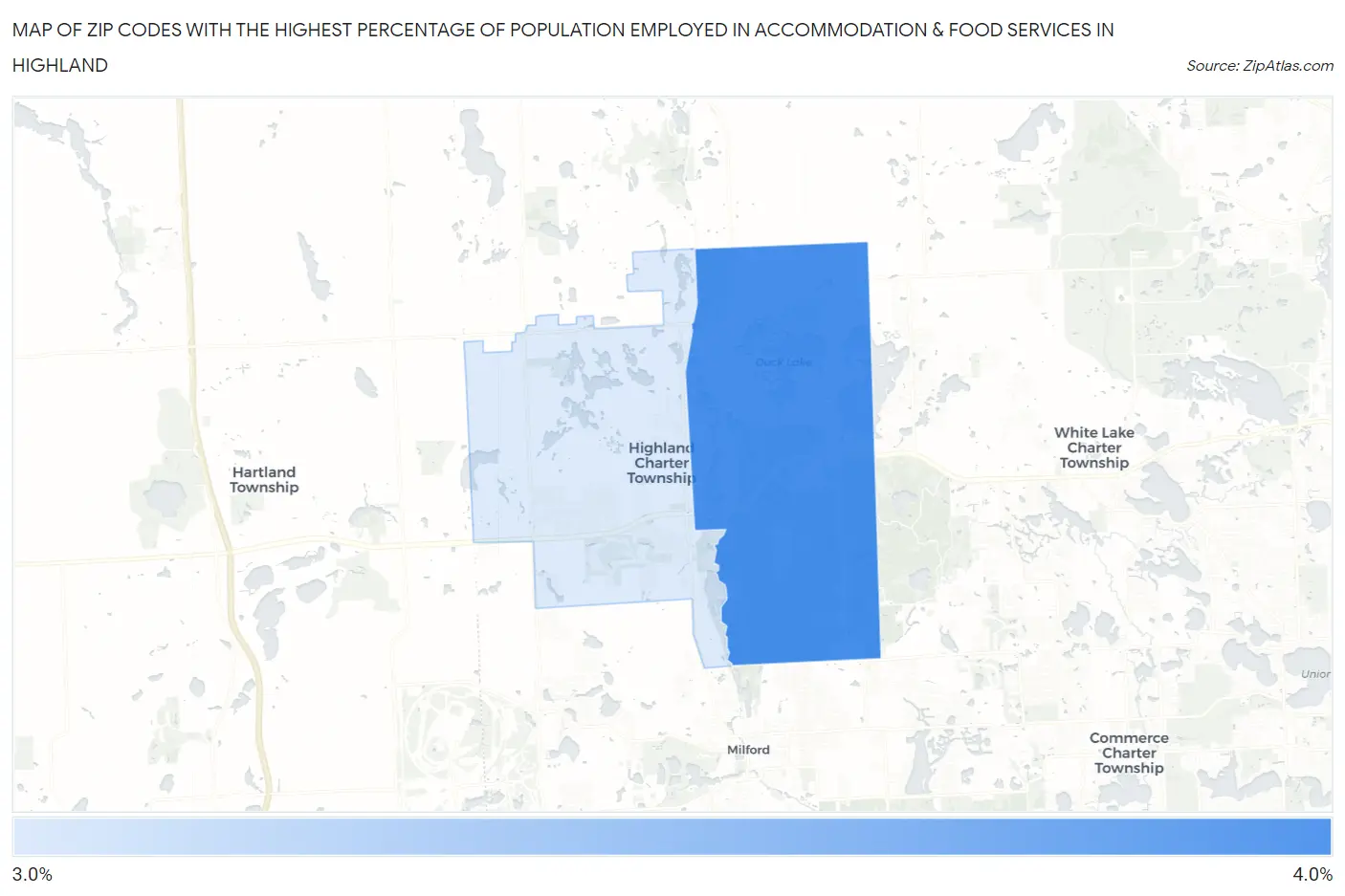 Zip Codes with the Highest Percentage of Population Employed in Accommodation & Food Services in Highland Map