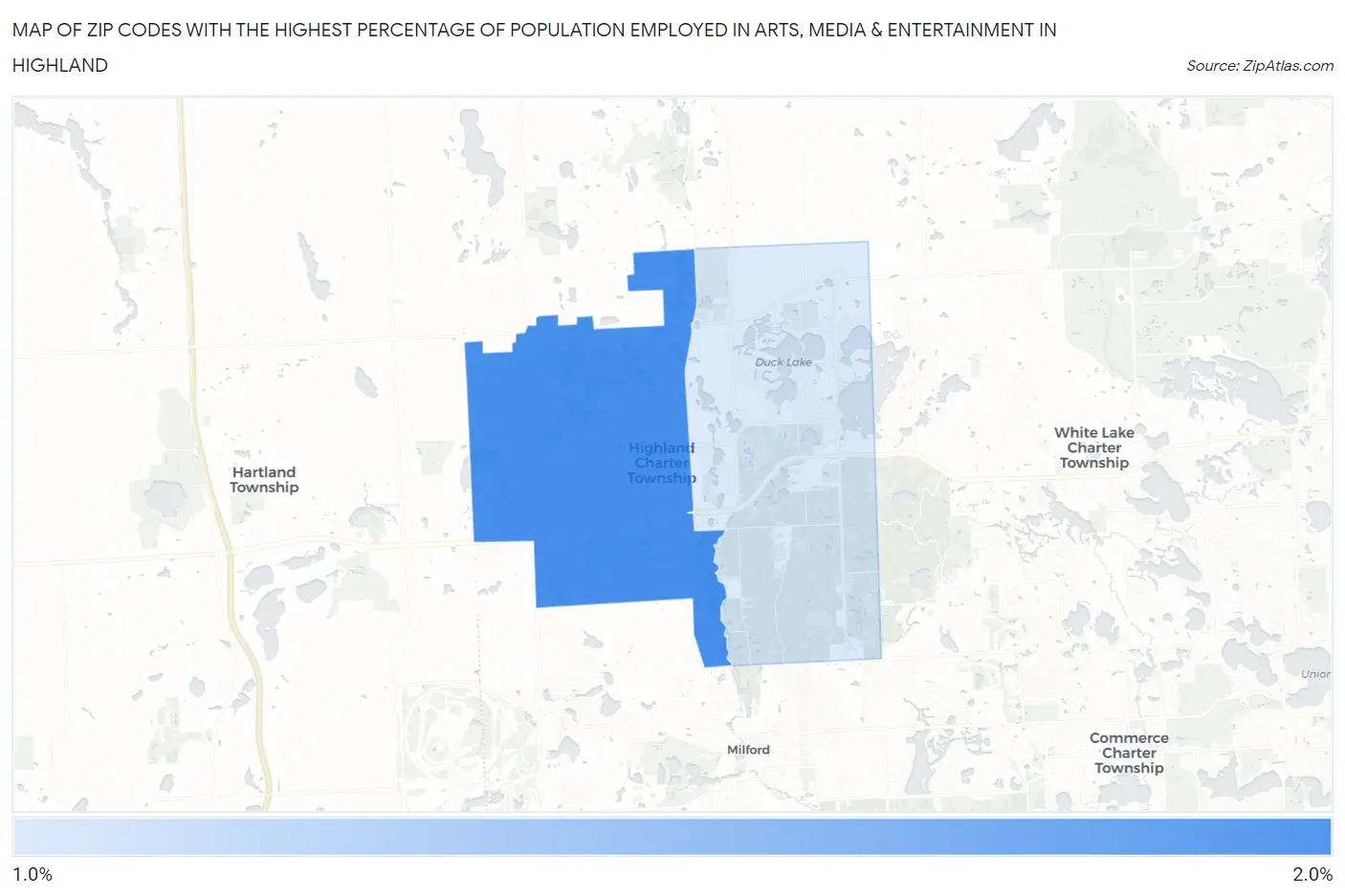 Zip Codes with the Highest Percentage of Population Employed in Arts, Media & Entertainment in Highland Map