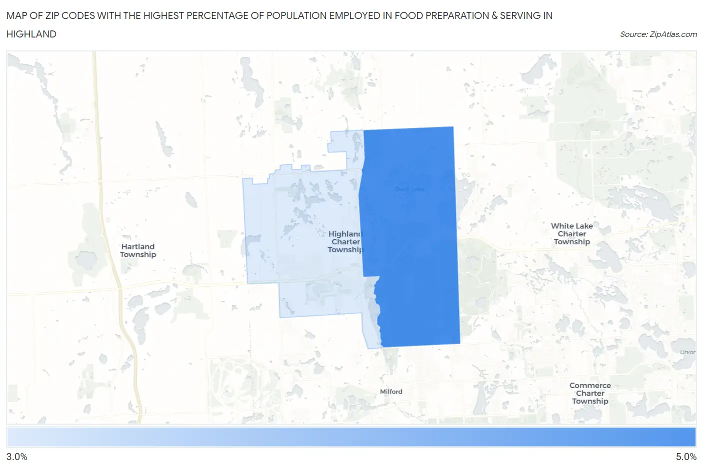 Zip Codes with the Highest Percentage of Population Employed in Food Preparation & Serving in Highland Map