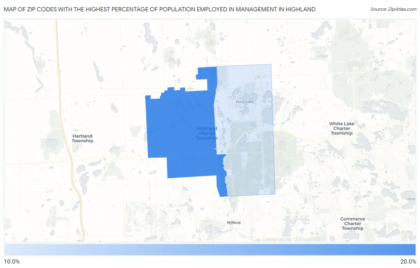 Zip Codes with the Highest Percentage of Population Employed in Management in Highland Map