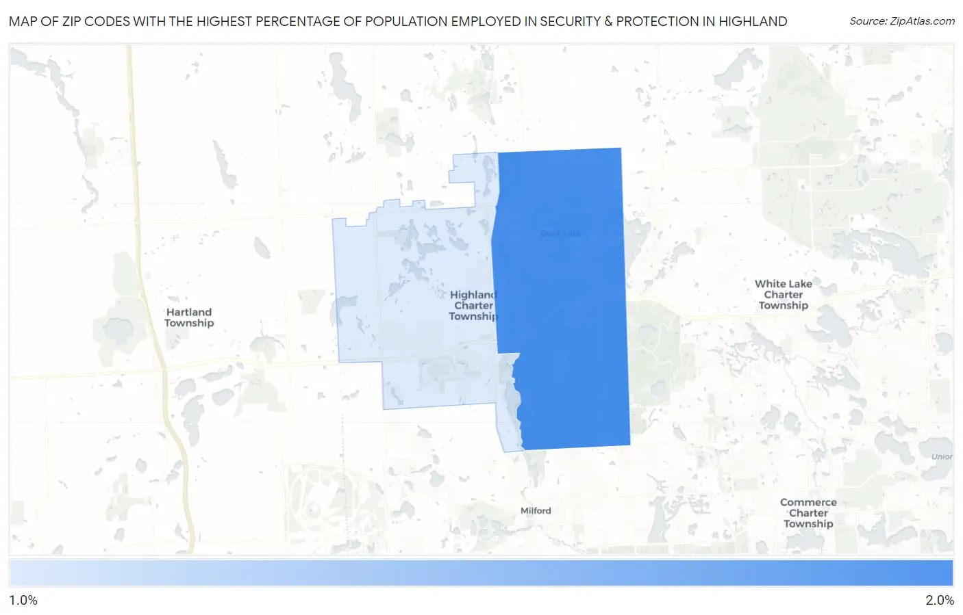 Zip Codes with the Highest Percentage of Population Employed in Security & Protection in Highland Map