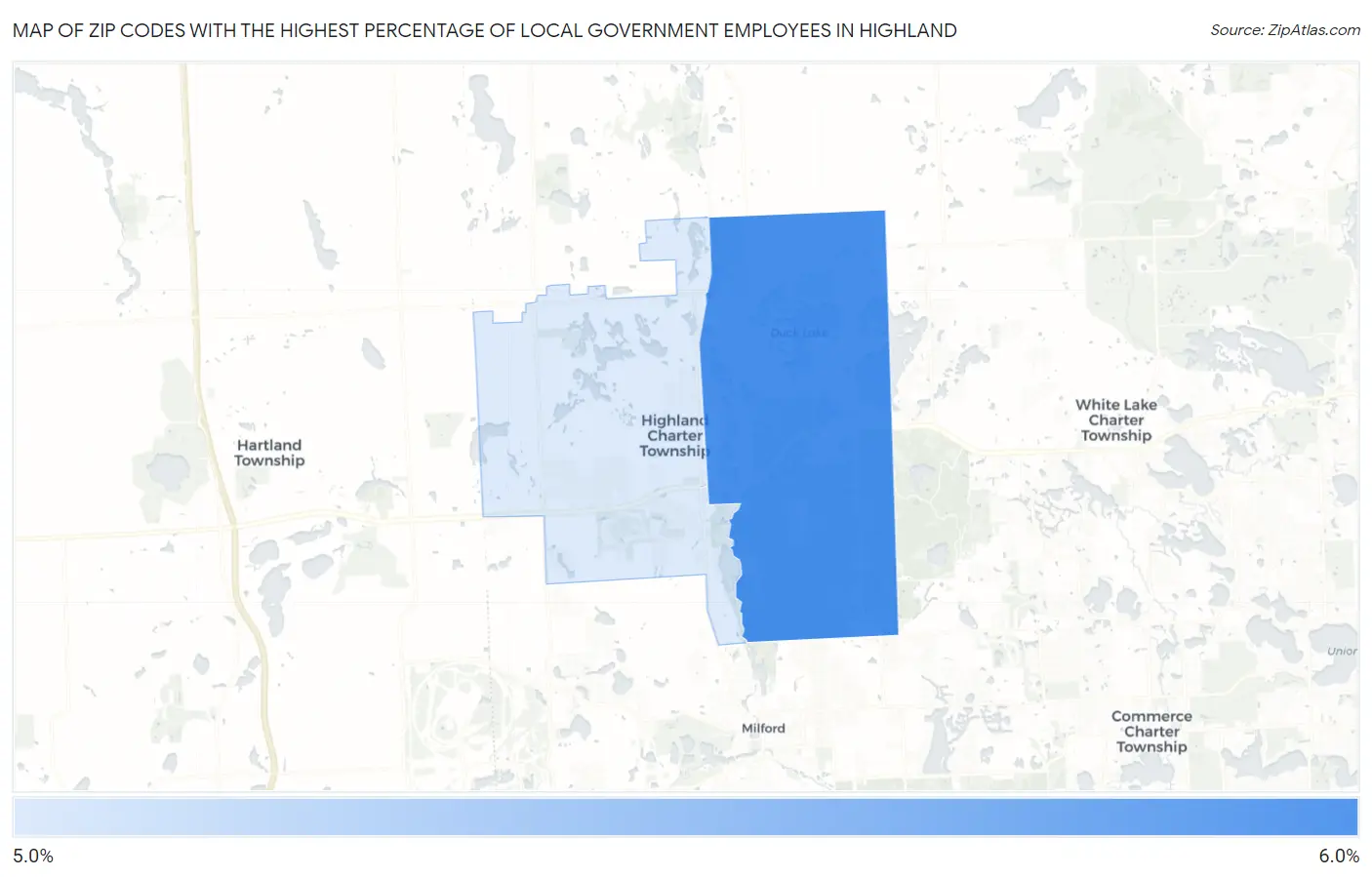 Zip Codes with the Highest Percentage of Local Government Employees in Highland Map