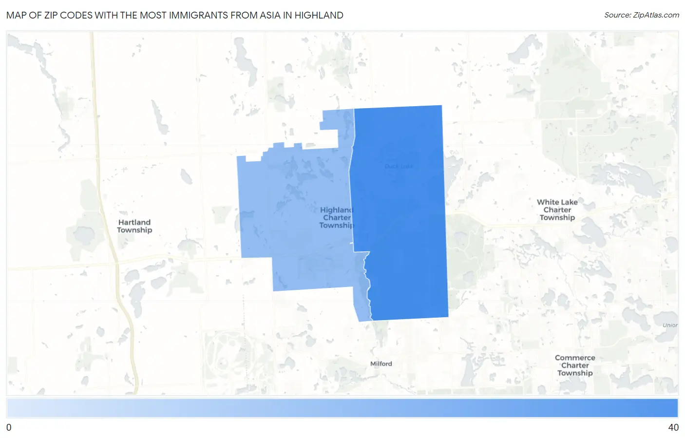 Zip Codes with the Most Immigrants from Asia in Highland Map