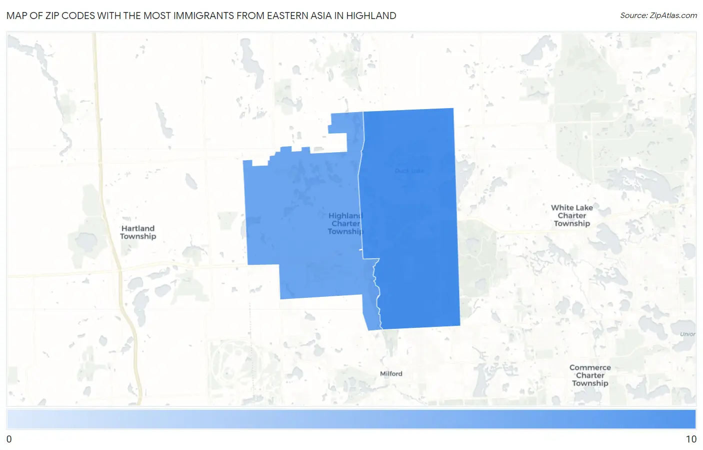 Zip Codes with the Most Immigrants from Eastern Asia in Highland Map