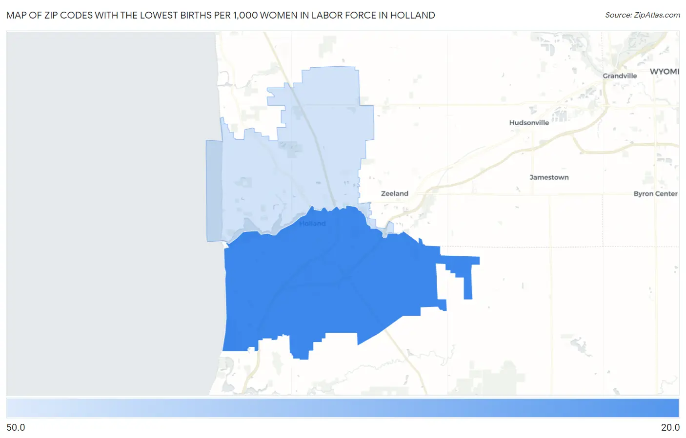 Zip Codes with the Lowest Births per 1,000 Women in Labor Force in Holland Map