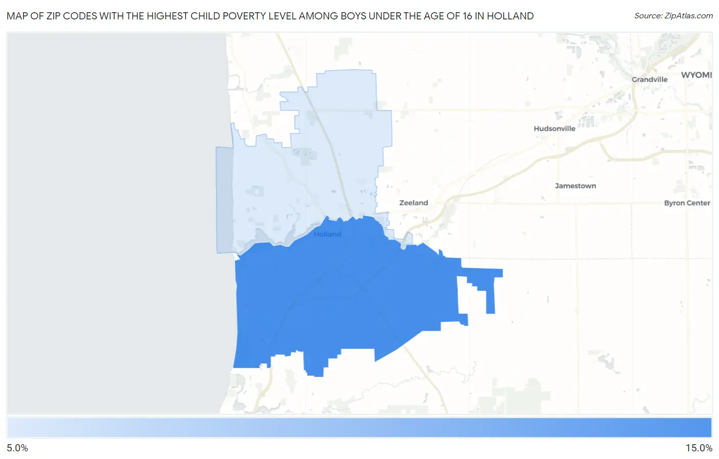 Zip Codes with the Highest Child Poverty Level Among Boys Under the Age of 16 in Holland Map