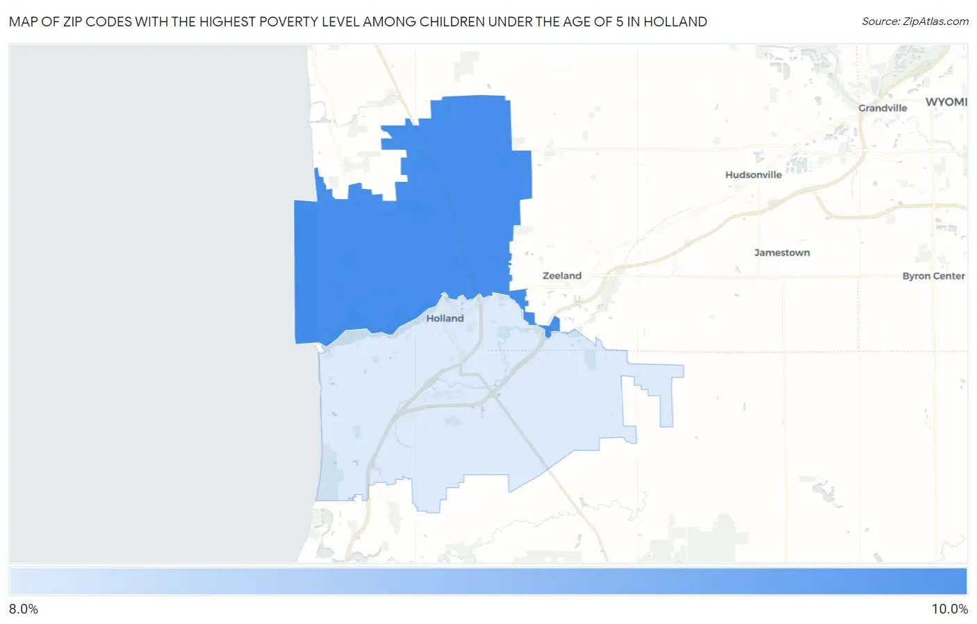 Zip Codes with the Highest Poverty Level Among Children Under the Age of 5 in Holland Map