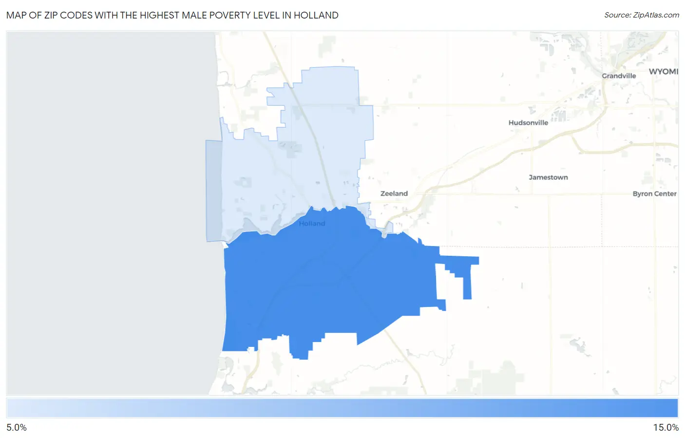 Zip Codes with the Highest Male Poverty Level in Holland Map