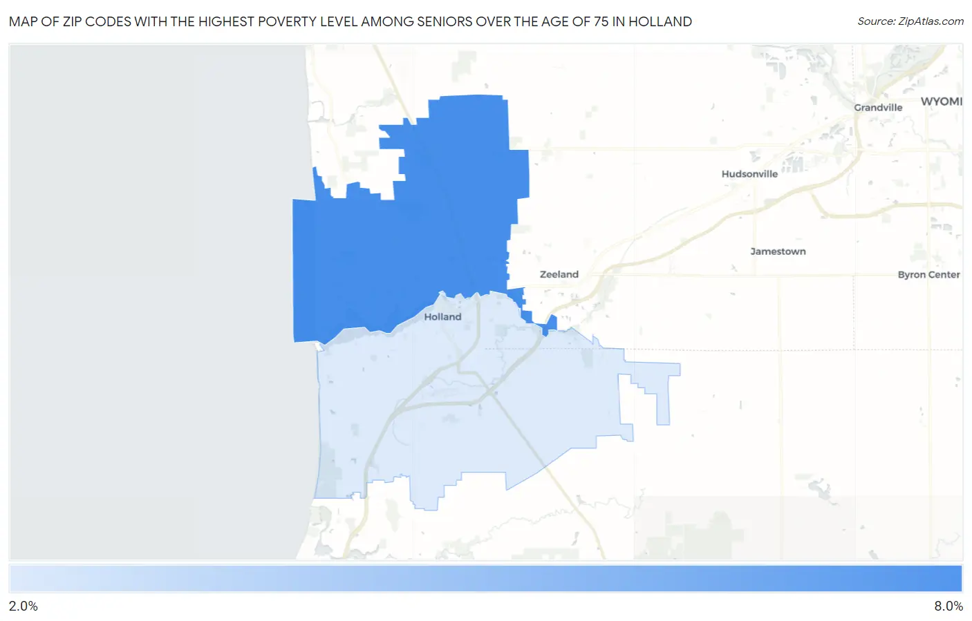 Zip Codes with the Highest Poverty Level Among Seniors Over the Age of 75 in Holland Map