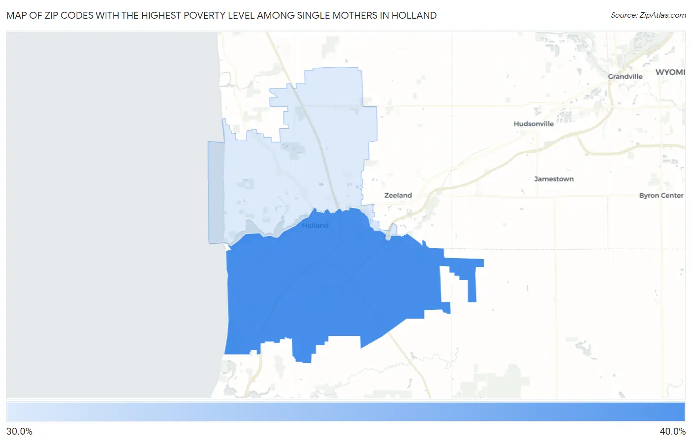 Zip Codes with the Highest Poverty Level Among Single Mothers in Holland Map