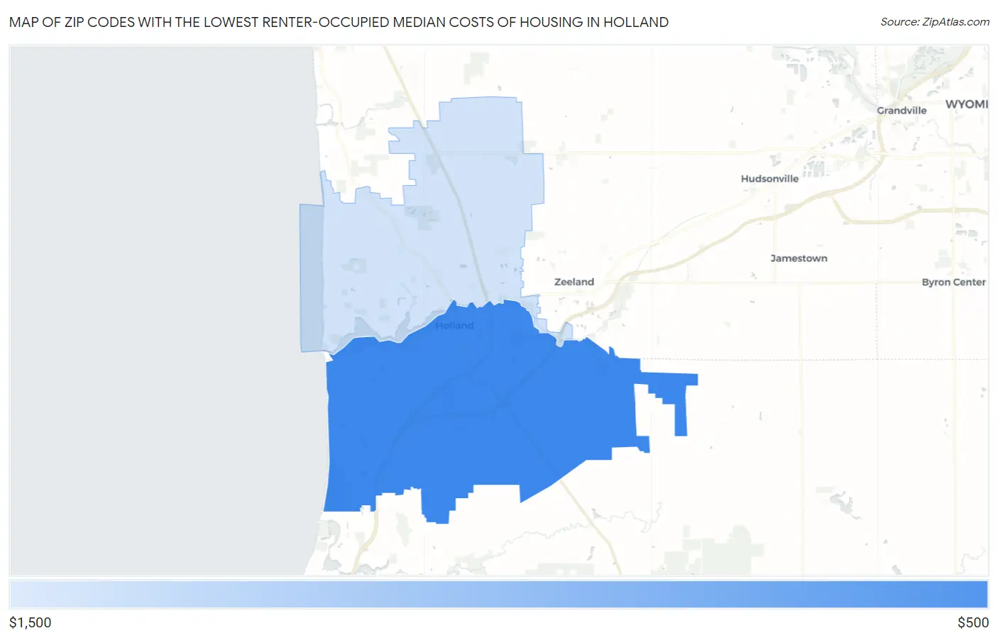 Zip Codes with the Lowest Renter-Occupied Median Costs of Housing in Holland Map