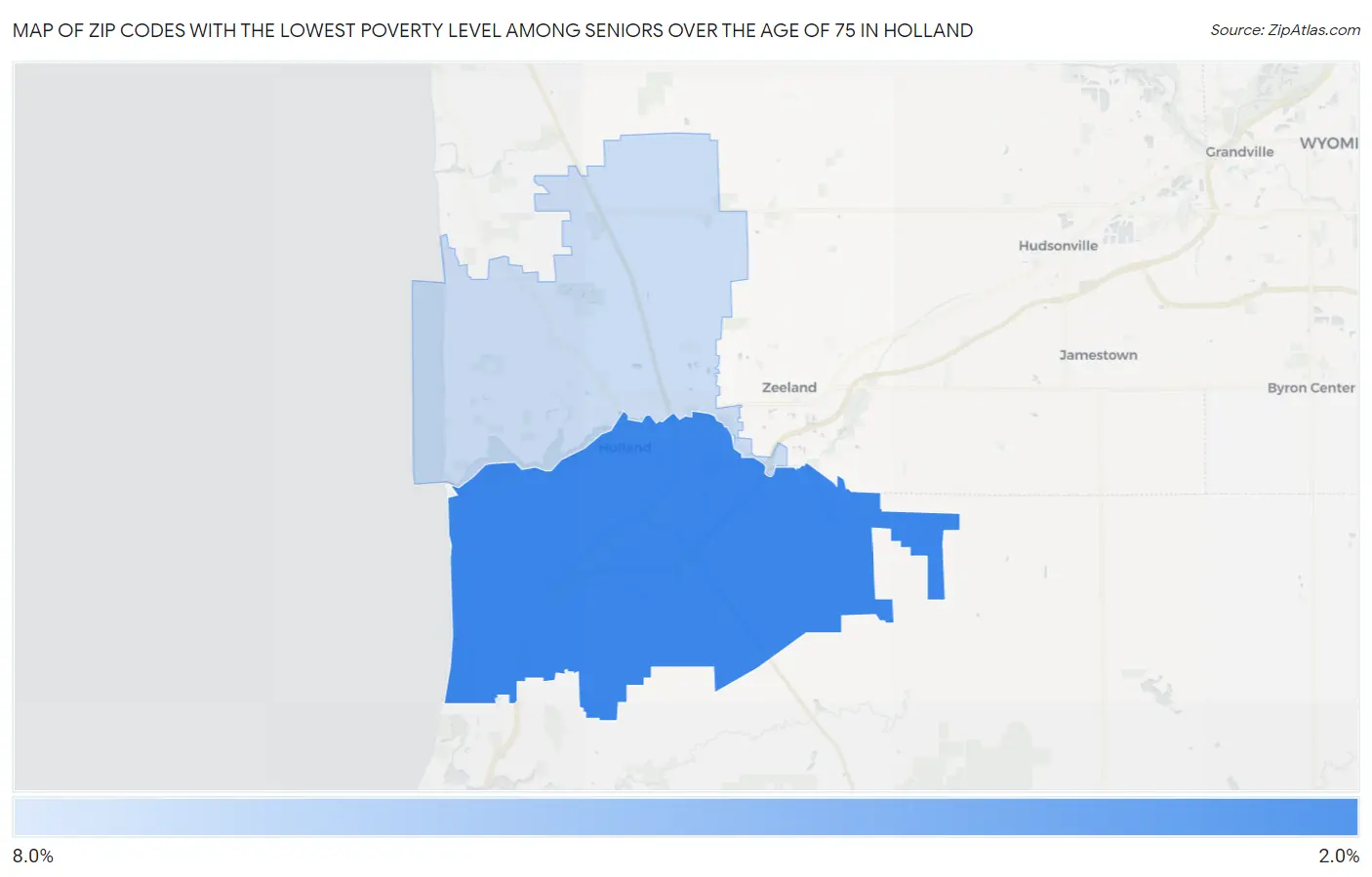 Zip Codes with the Lowest Poverty Level Among Seniors Over the Age of 75 in Holland Map