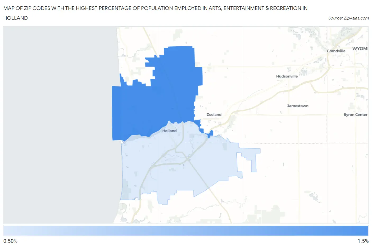 Zip Codes with the Highest Percentage of Population Employed in Arts, Entertainment & Recreation in Holland Map