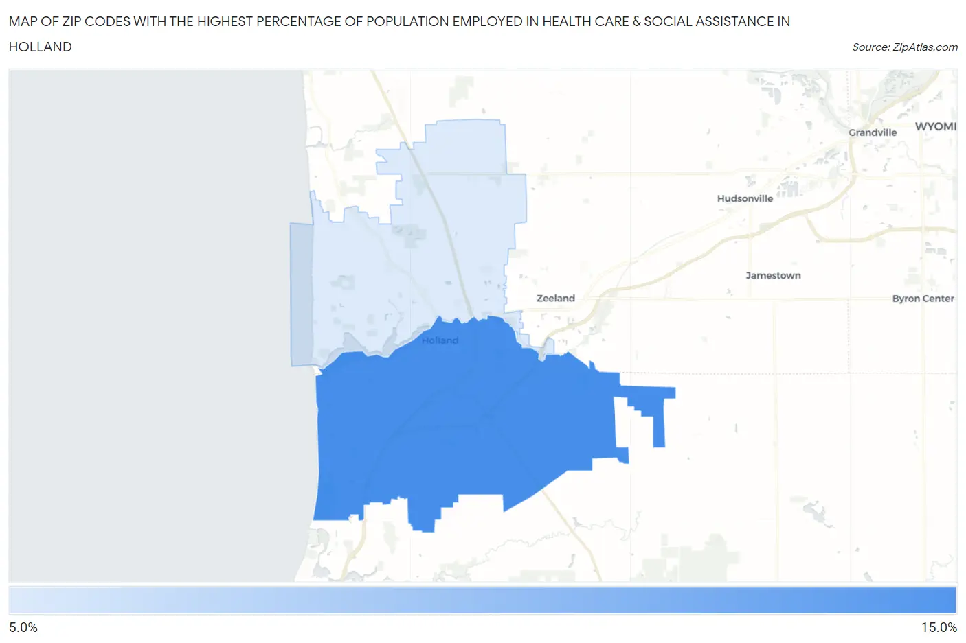 Zip Codes with the Highest Percentage of Population Employed in Health Care & Social Assistance in Holland Map