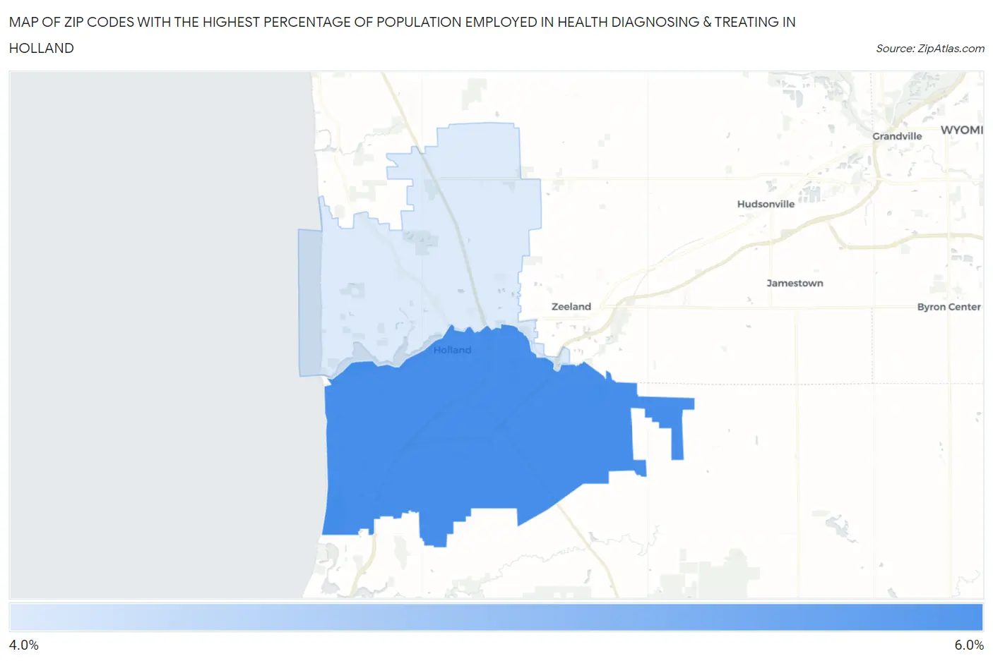 Zip Codes with the Highest Percentage of Population Employed in Health Diagnosing & Treating in Holland Map