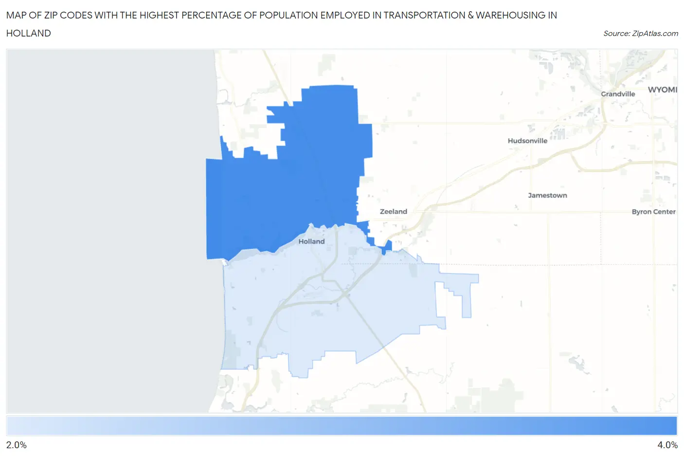 Zip Codes with the Highest Percentage of Population Employed in Transportation & Warehousing in Holland Map