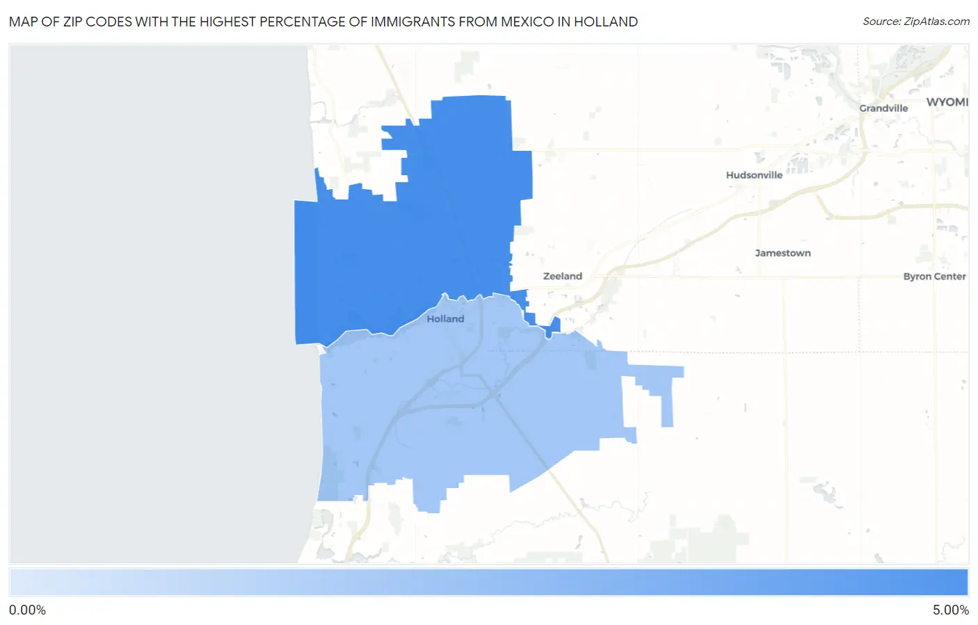 Zip Codes with the Highest Percentage of Immigrants from Mexico in Holland Map