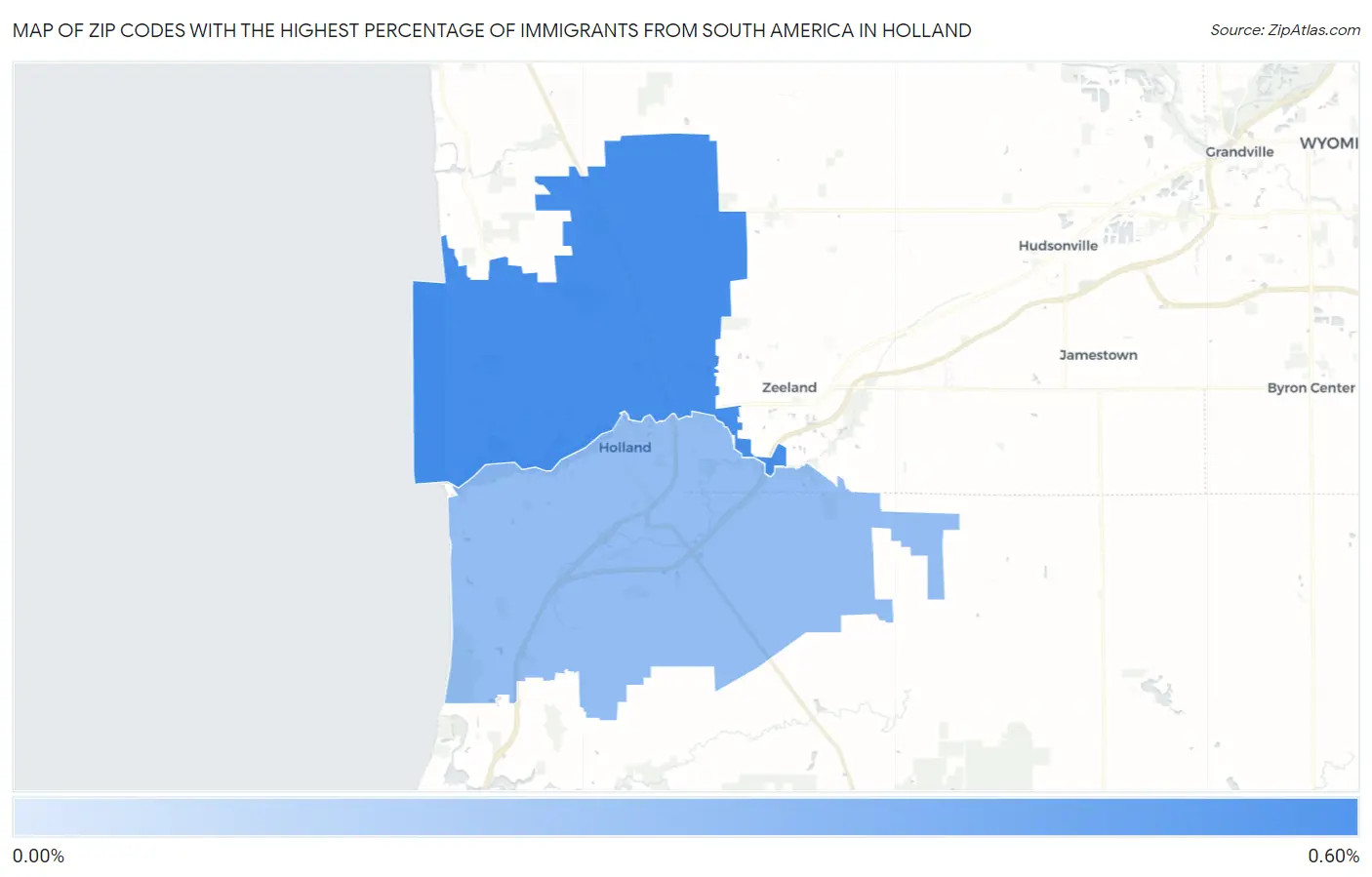 Zip Codes with the Highest Percentage of Immigrants from South America in Holland Map