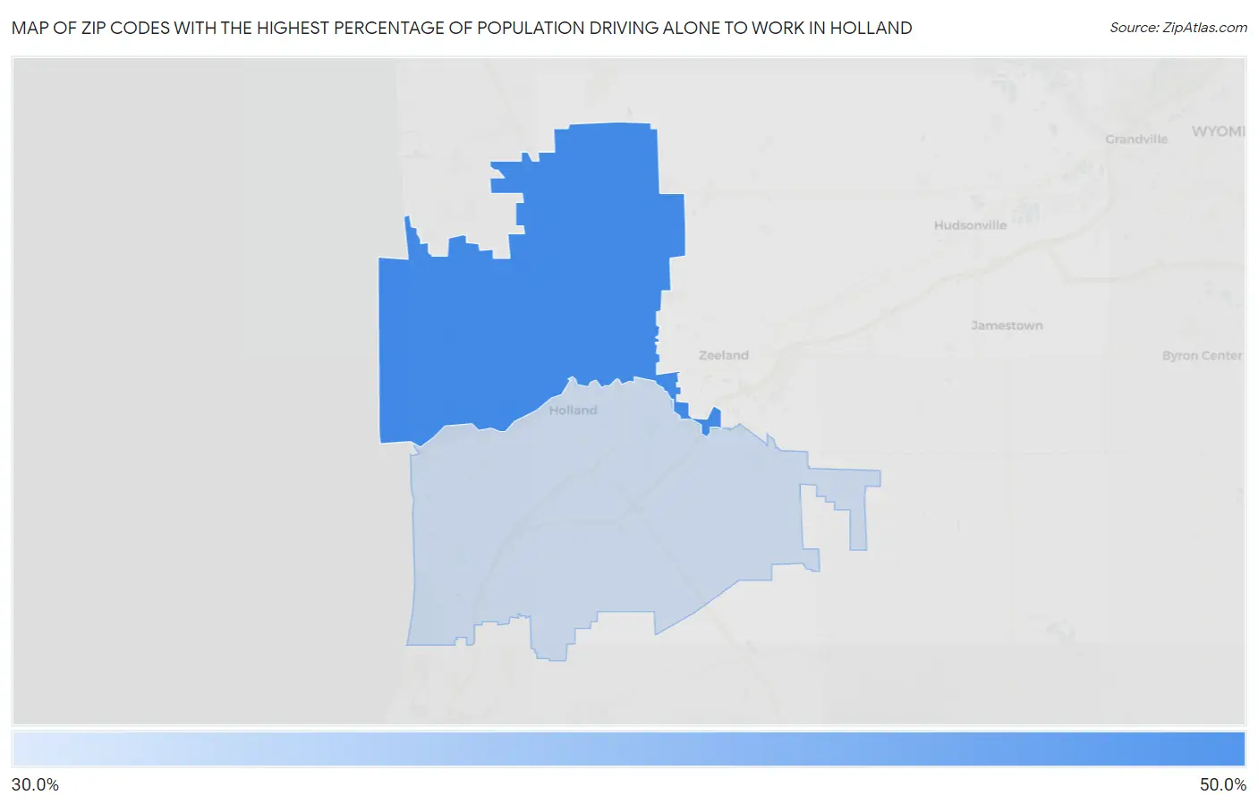 Zip Codes with the Highest Percentage of Population Driving Alone to Work in Holland Map