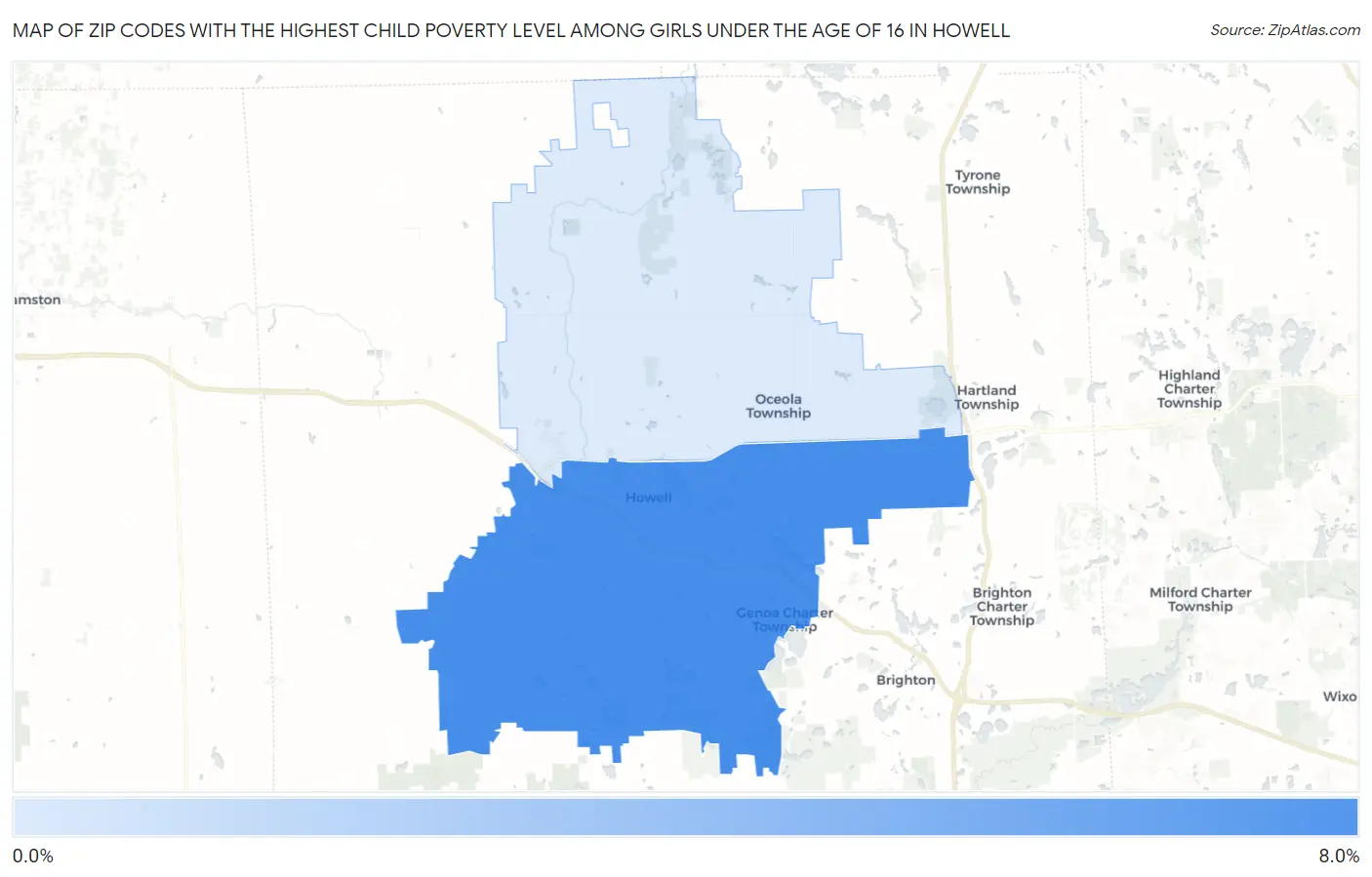 Zip Codes with the Highest Child Poverty Level Among Girls Under the Age of 16 in Howell Map