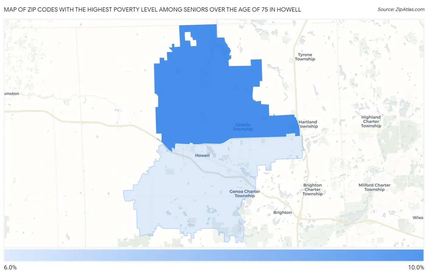 Zip Codes with the Highest Poverty Level Among Seniors Over the Age of 75 in Howell Map