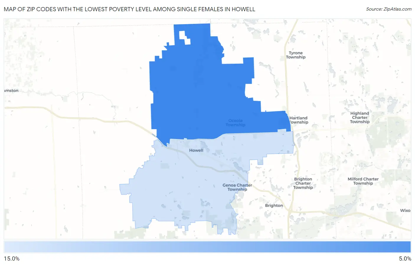 Zip Codes with the Lowest Poverty Level Among Single Females in Howell Map