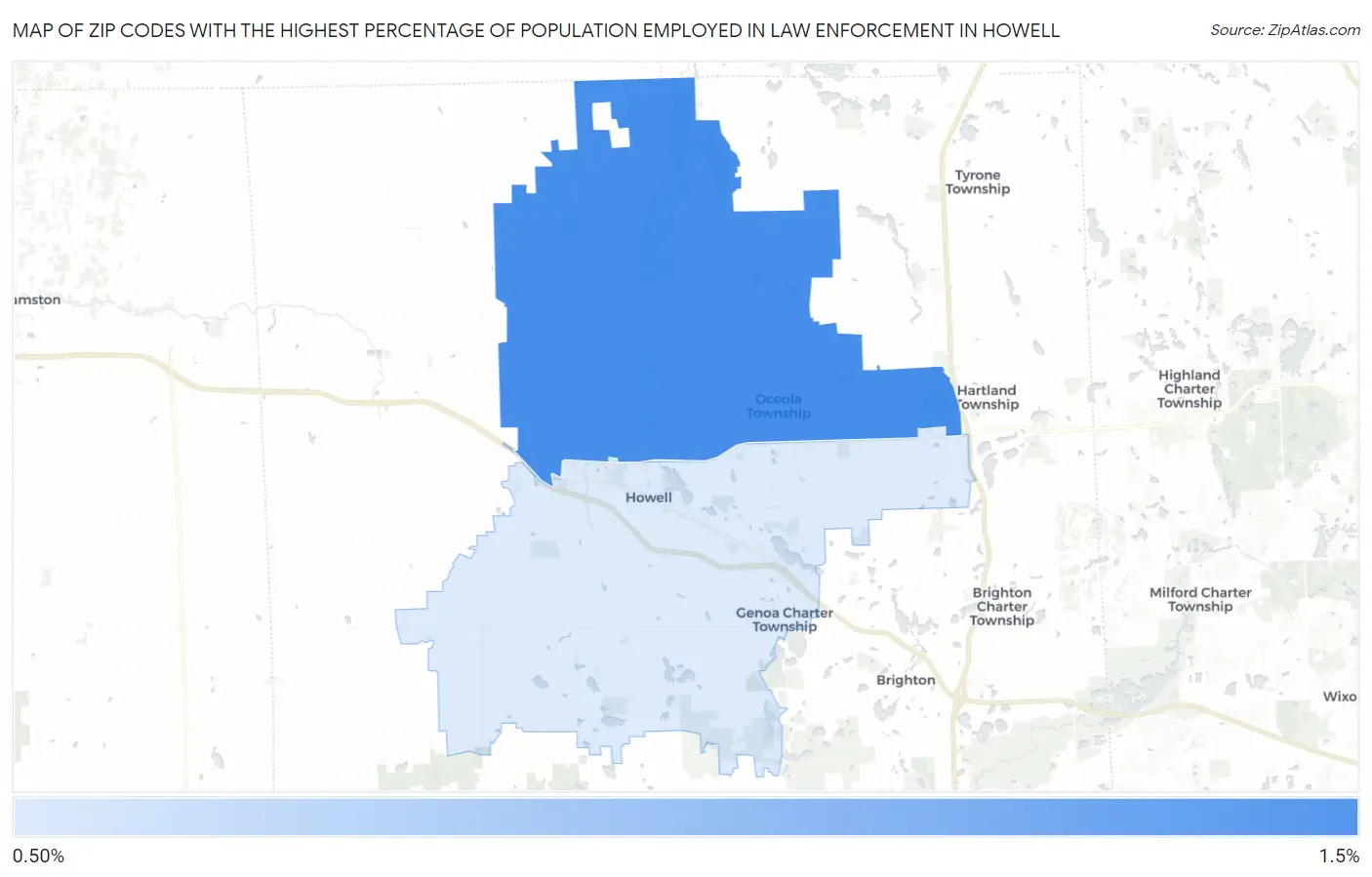 Zip Codes with the Highest Percentage of Population Employed in Law Enforcement in Howell Map