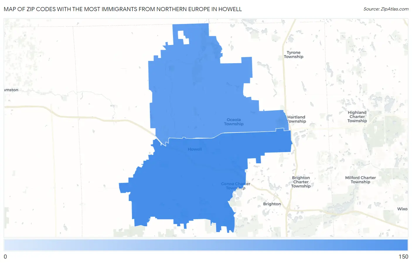 Zip Codes with the Most Immigrants from Northern Europe in Howell Map
