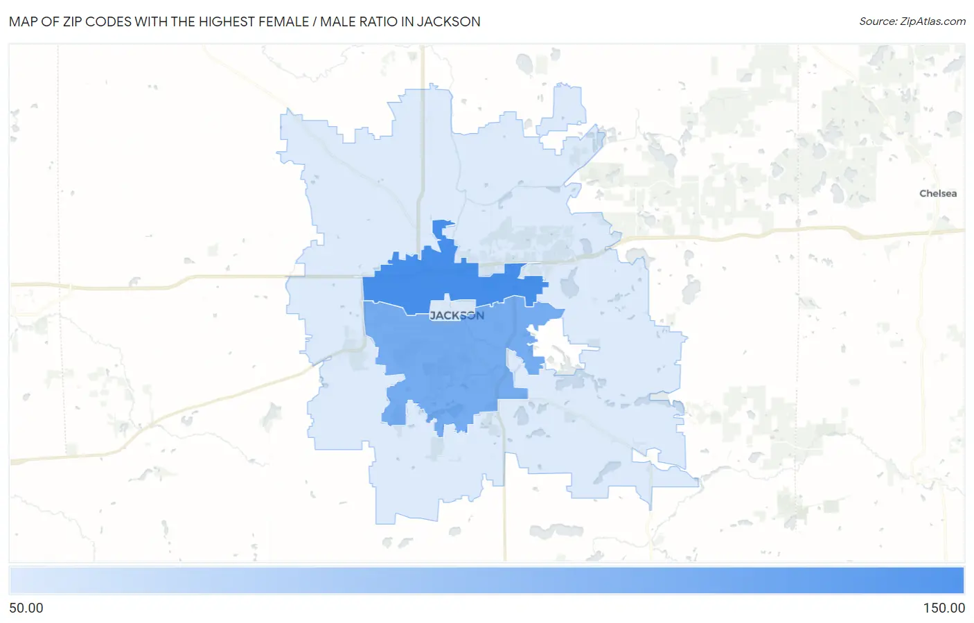 Zip Codes with the Highest Female / Male Ratio in Jackson Map