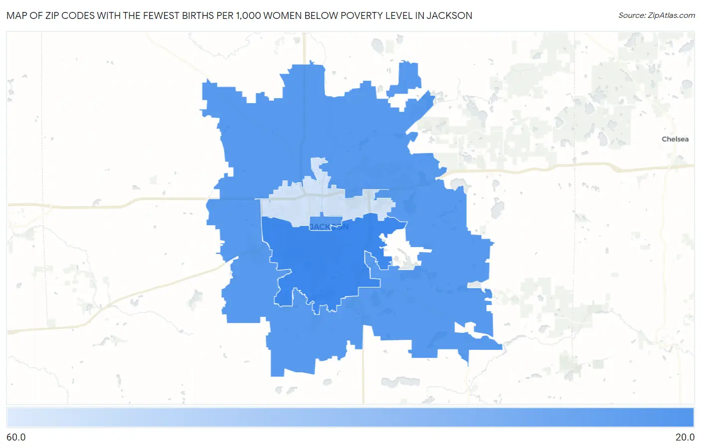 Zip Codes with the Fewest Births per 1,000 Women Below Poverty Level in Jackson Map