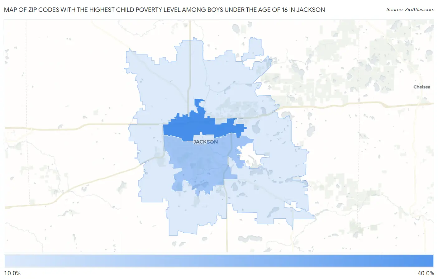 Zip Codes with the Highest Child Poverty Level Among Boys Under the Age of 16 in Jackson Map